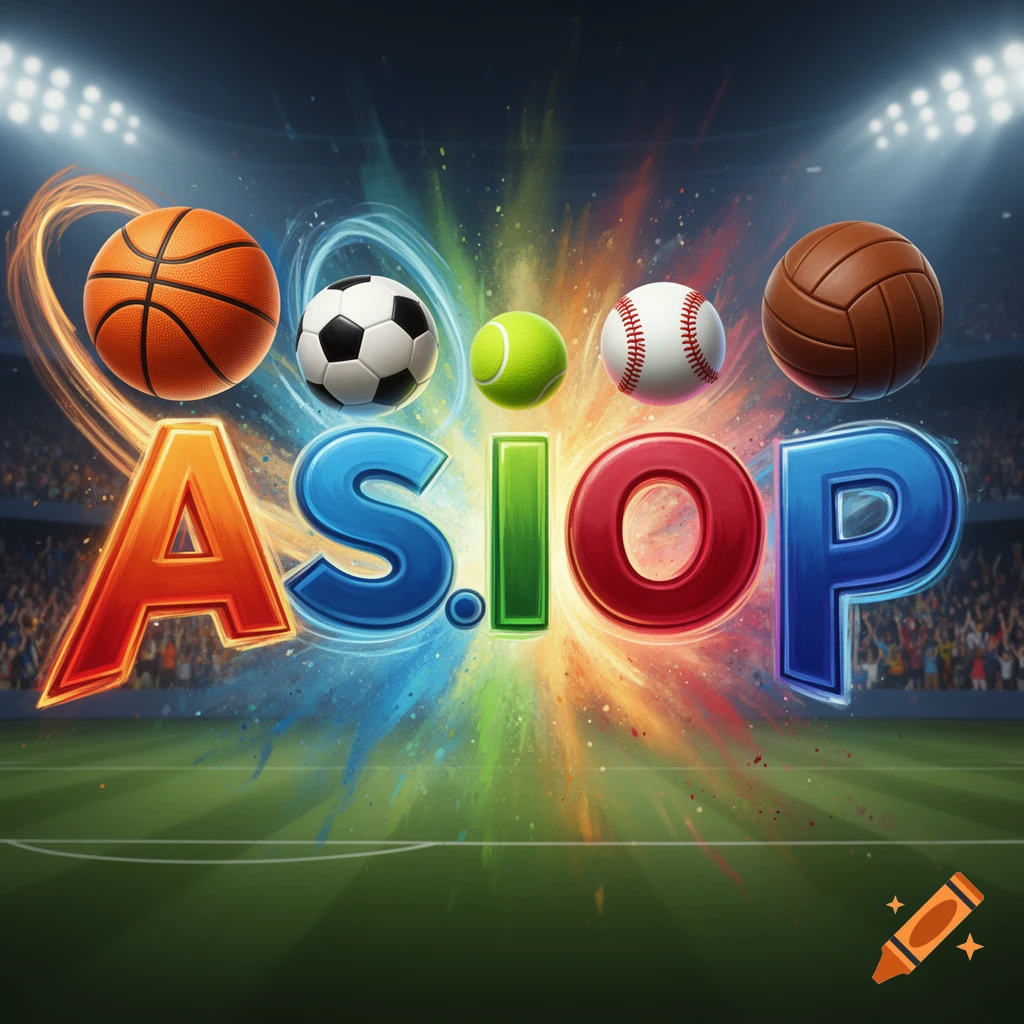 Stylized, colorful letters A.S.I.O.P. stand above a sports field, each associated with a different sports ball like a basketball, soccer ball, tennis ball, baseball, and an old leather football. The background shows a stadium with bright lights and a crowd, with vibrant energy streaks behind the letters.