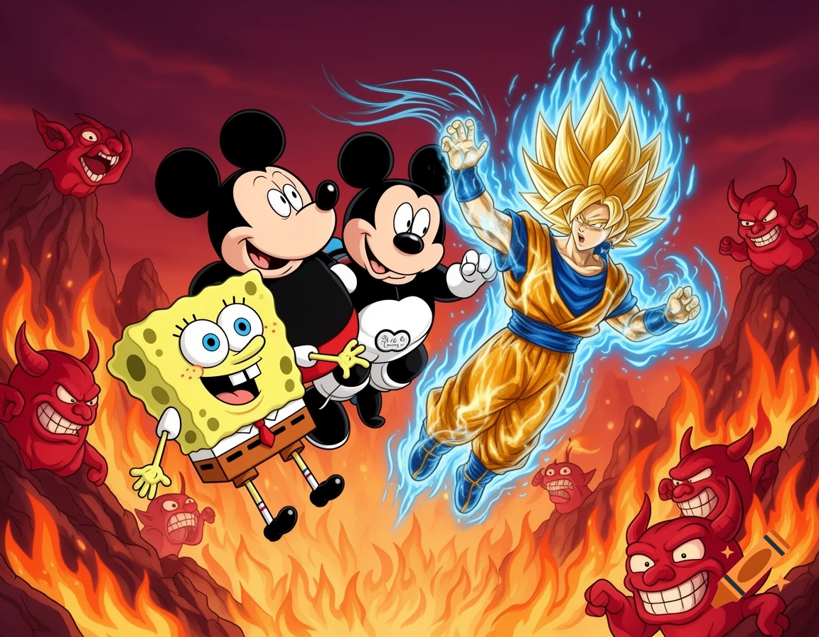Spongebob, two Mickey Mouse characters, and Goku in Super Saiyan form float amidst flames and small red devil creatures in a cartoon style.