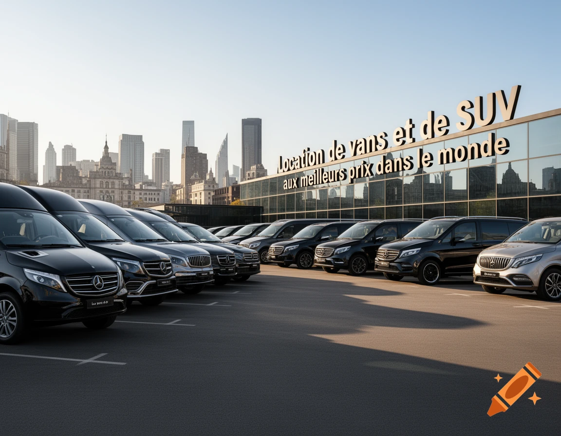 Black and silver Mercedes-Benz vans and SUVs parked in front of a modern glass building with a city skyline and text 'Location de vans et de SUV aux meilleurs prix dans le monde'.