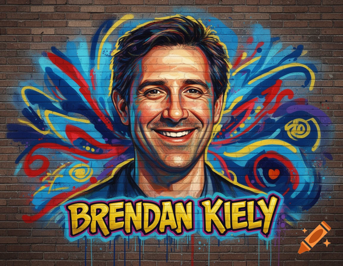 Colorful graffiti portrait of a smiling man, Brendan Kiely, on a brick wall surrounded by blue, red, and yellow abstract patterns.