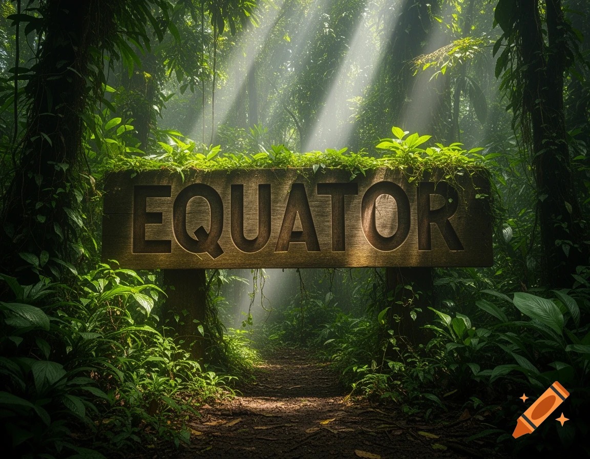 A photorealistic image of a wooden sign reading "EQUATOR" in a lush, sunlit jungle with a dirt path.