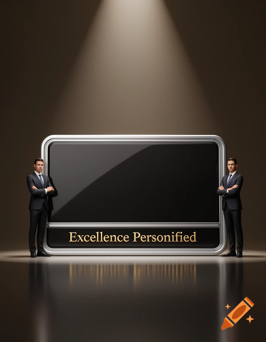 Two men in suits stand flanking a large black rectangular screen displaying "Excellence Personified" in a spotlight, with glossy reflections.