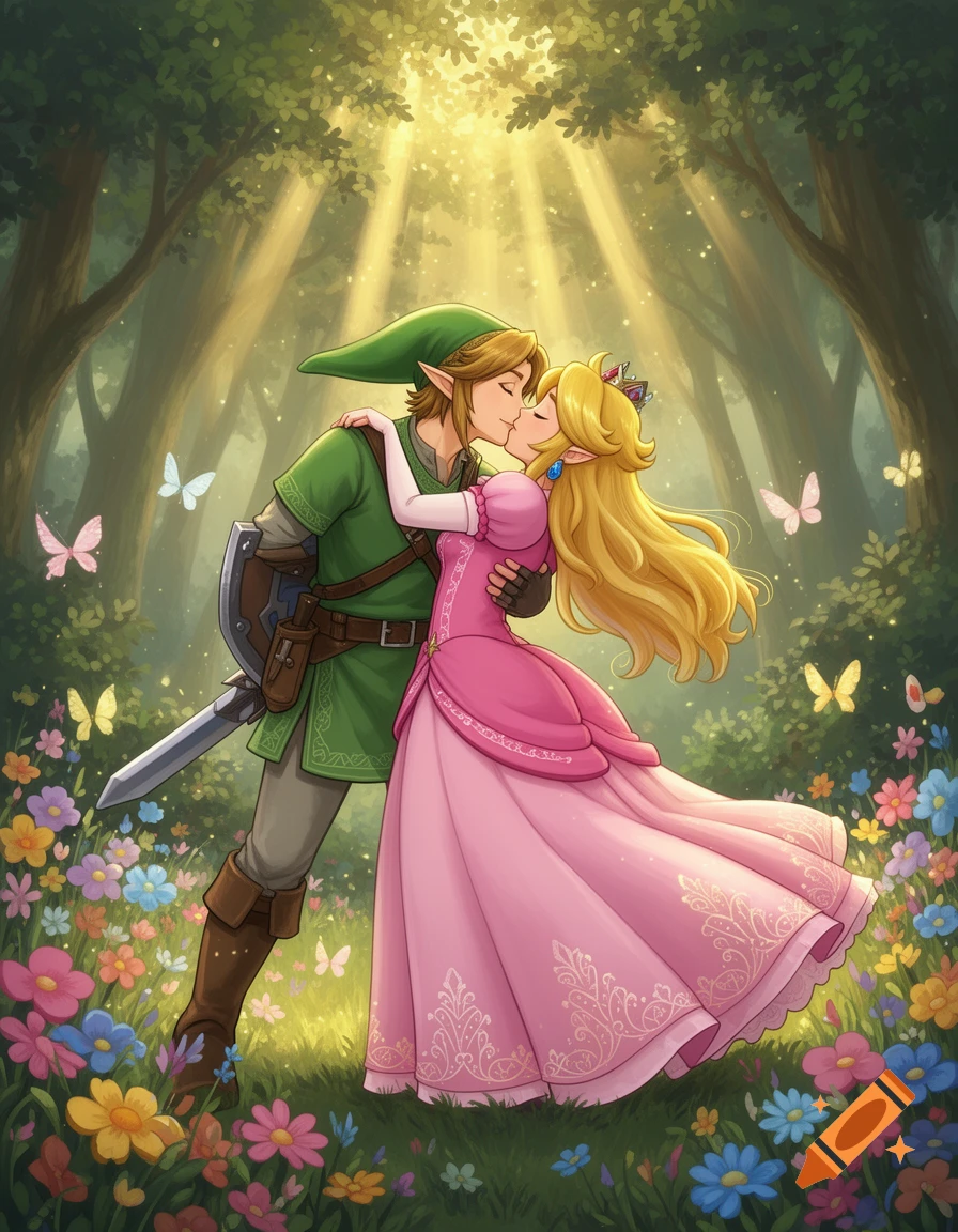 Link and Princess Peach embrace and kiss in a sunny, flower-filled forest, in an illustrated style.