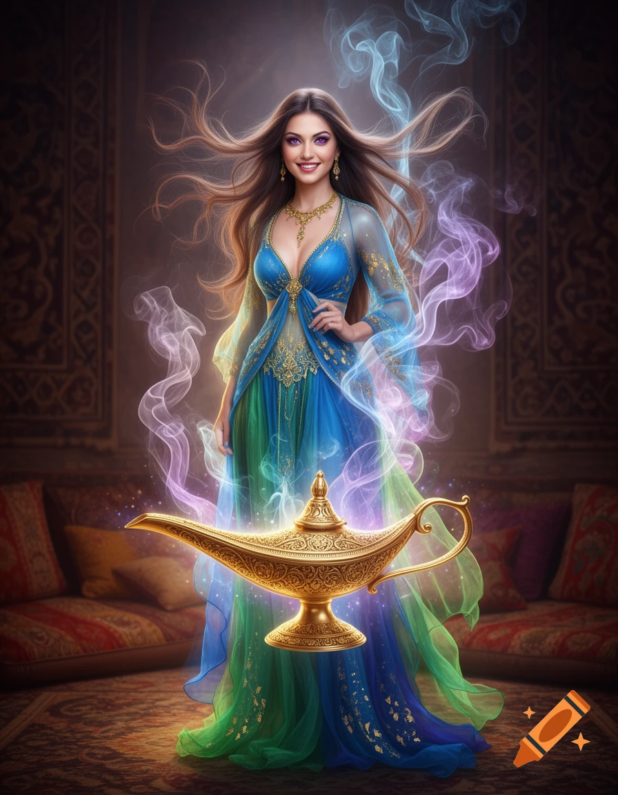 Smiling female genie in a blue and green dress with long hair, standing with a glowing golden magic lamp and colorful smoke.