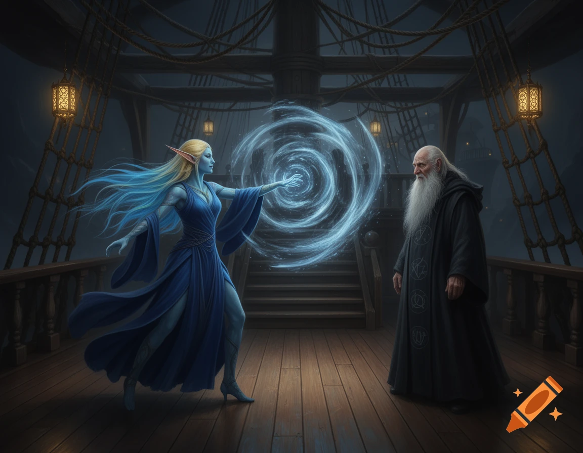 A blue-skinned elf with long blonde hair casts a swirling blue spell towards a white-bearded wizard on a ship deck.