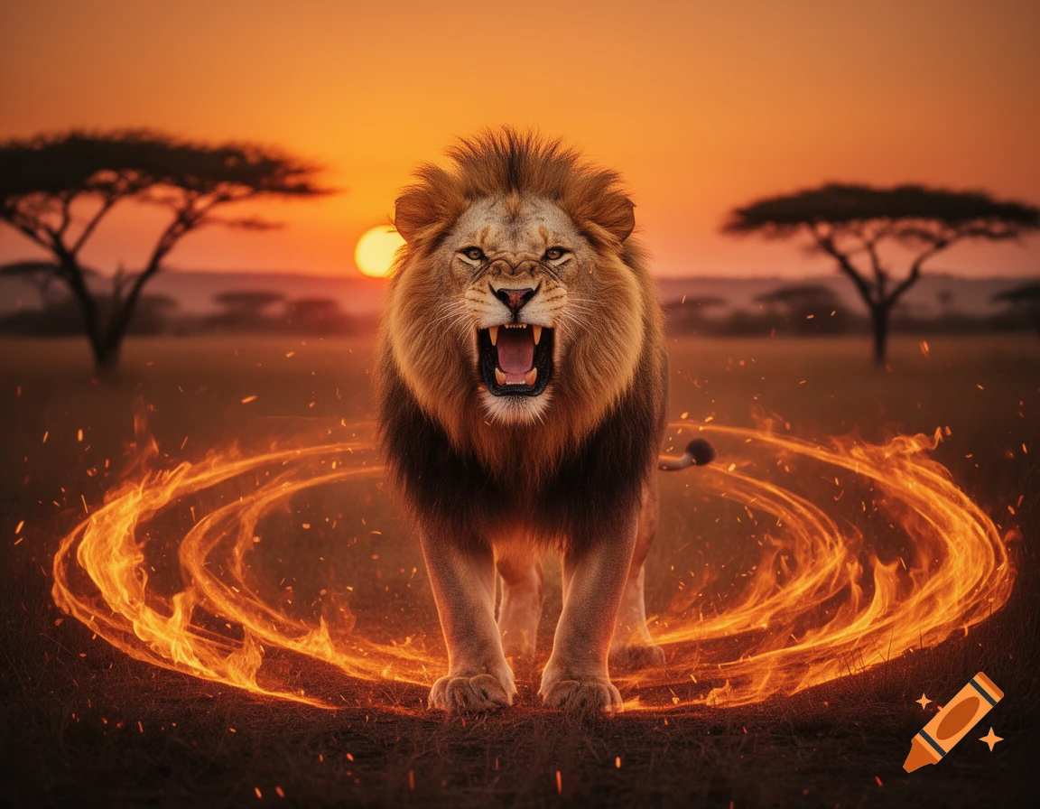A powerful lion roars, surrounded by swirling fiery rings, against a dramatic orange sunset in a savanna.