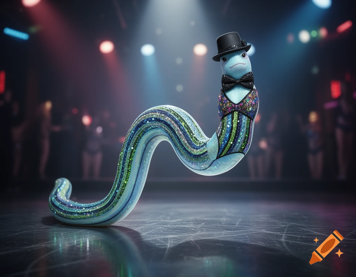 A sparkly blue worm-like creature wearing a top hat, bow tie, and a sequined top poses on a stage under spotlights.