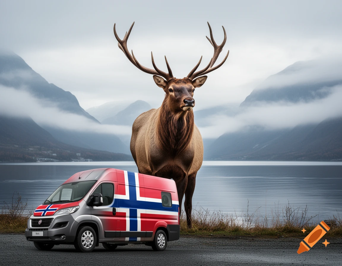 A gray camper van with a Norwegian flag livery parked on a road, a large elk standing behind it by a lake with misty mountains.