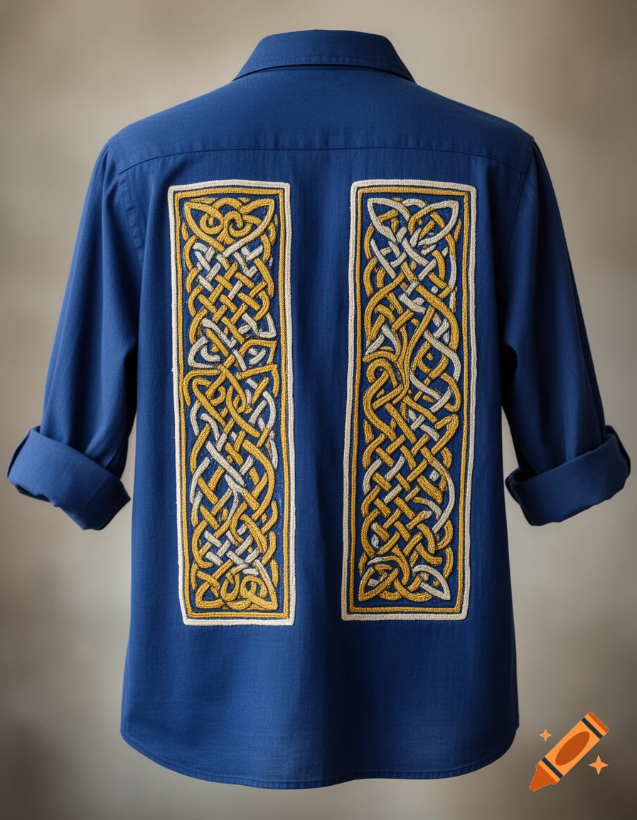 Back view of a blue long-sleeved shirt with two embroidered vertical panels of intricate gold and white Celtic knots.