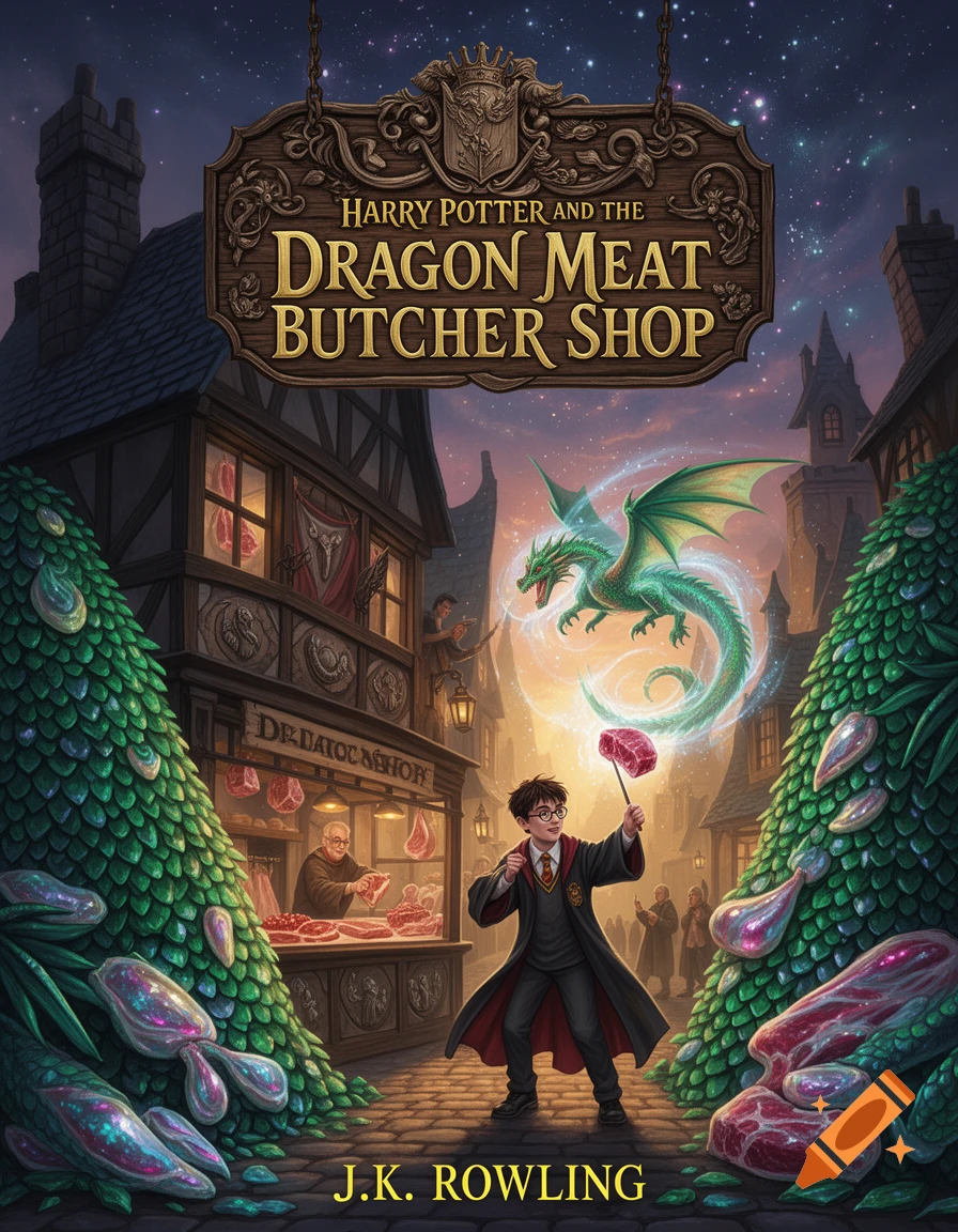 An illustrated book cover for 'Harry Potter and the Dragon Meat Butcher Shop' showing Harry Potter holding a meat cleaver with a dragon above him, in front of a medieval street shop selling dragon meat.