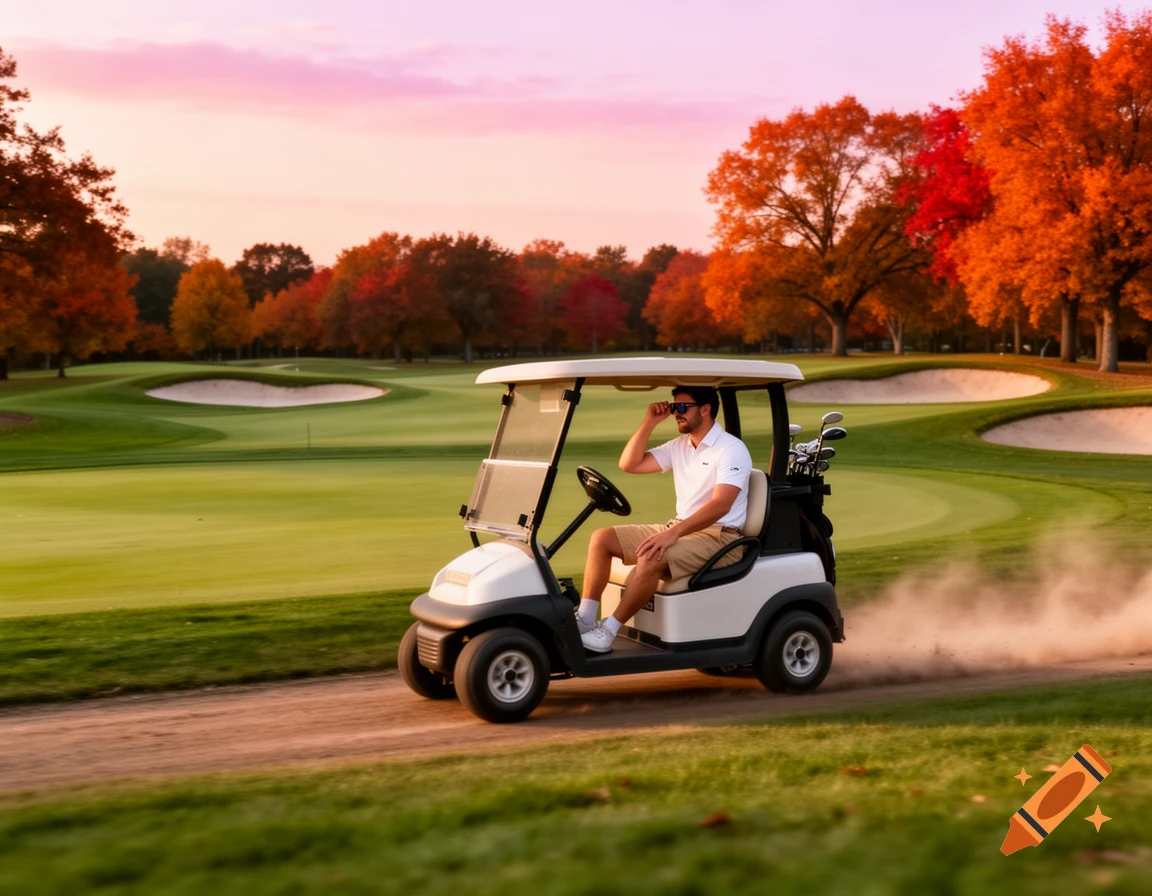 A man in a golf cart speeds on a dirt path through a golf course with green fairways and autumn trees at sunset.