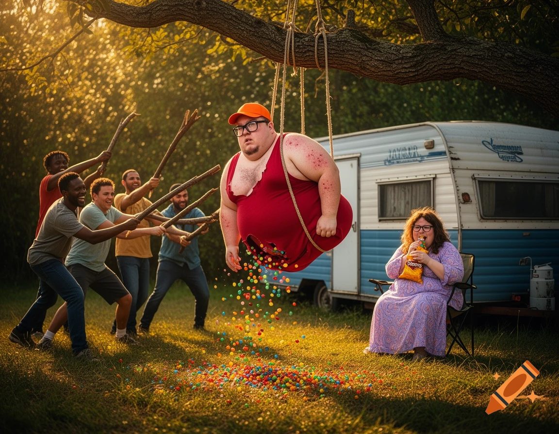 A man resembling a piñata, wearing a red tank top and orange cap, is suspended from a tree while men hit him with sticks, causing candy to spill. A woman eats chips in a chair near a camper.