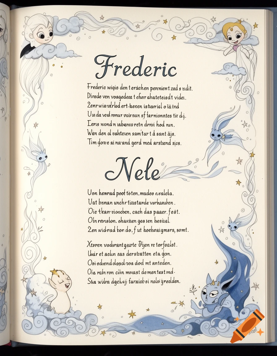 Open book page with a decorative border. Cartoon characters like children and floating spirits adorn the border. The page features the names 'Frederic' and 'Nele' with decorative text.