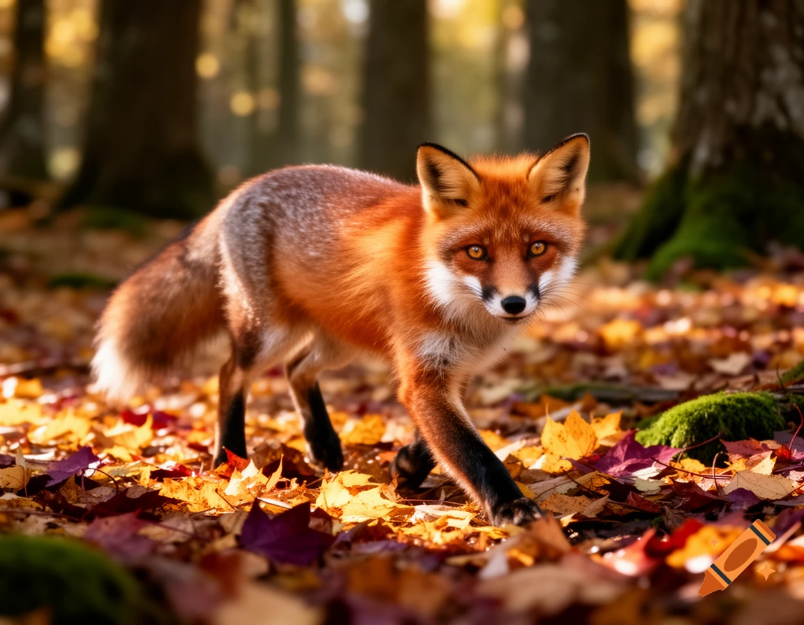 A photorealistic red fox with bright eyes walks through a sunlit autumn forest, surrounded by fallen orange and red leaves.