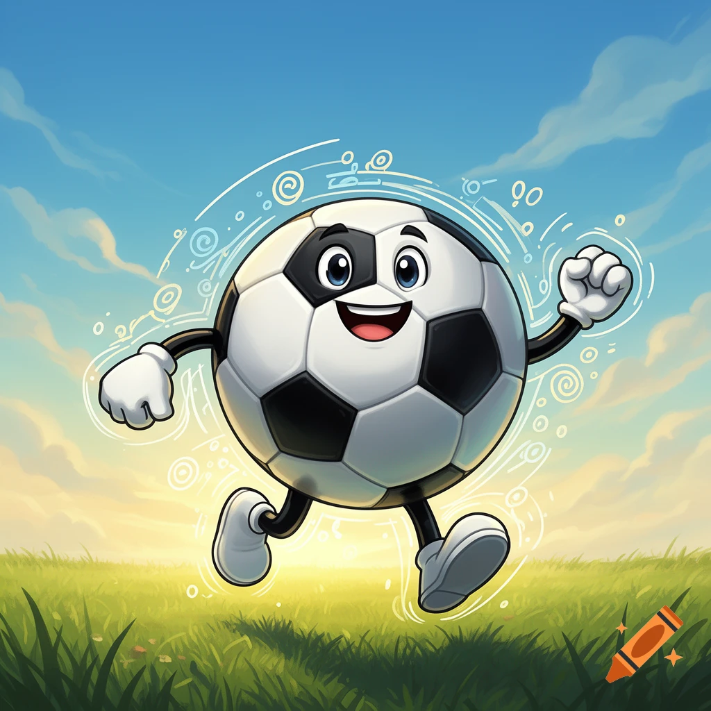 A happy cartoon soccer ball with arms and legs runs through a green field under a blue sky, with white swirl effects around it.