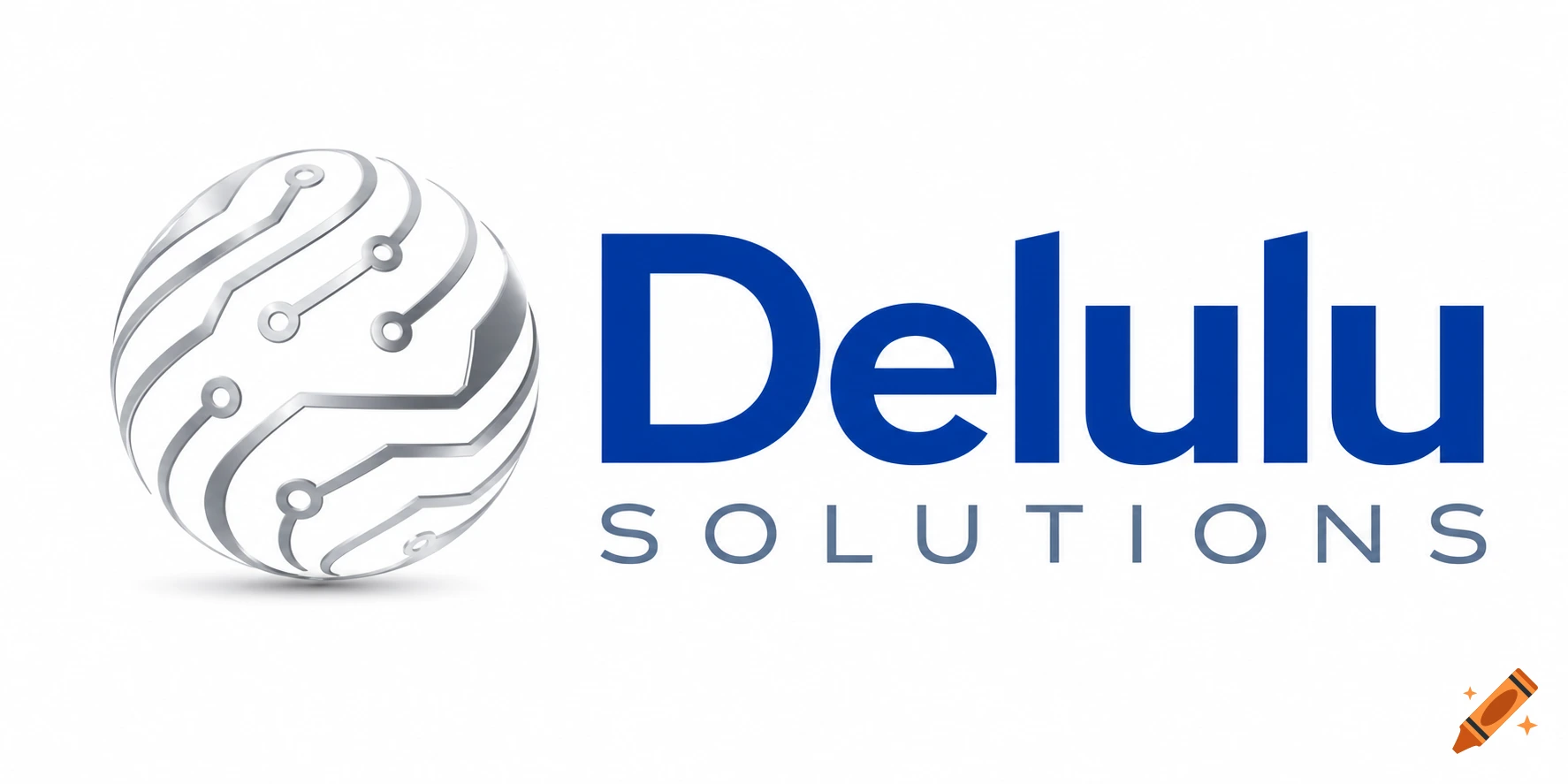 A logo featuring a metallic 3D sphere with circuit board traces next to the blue text "Delulu" and gray text "SOLUTIONS".