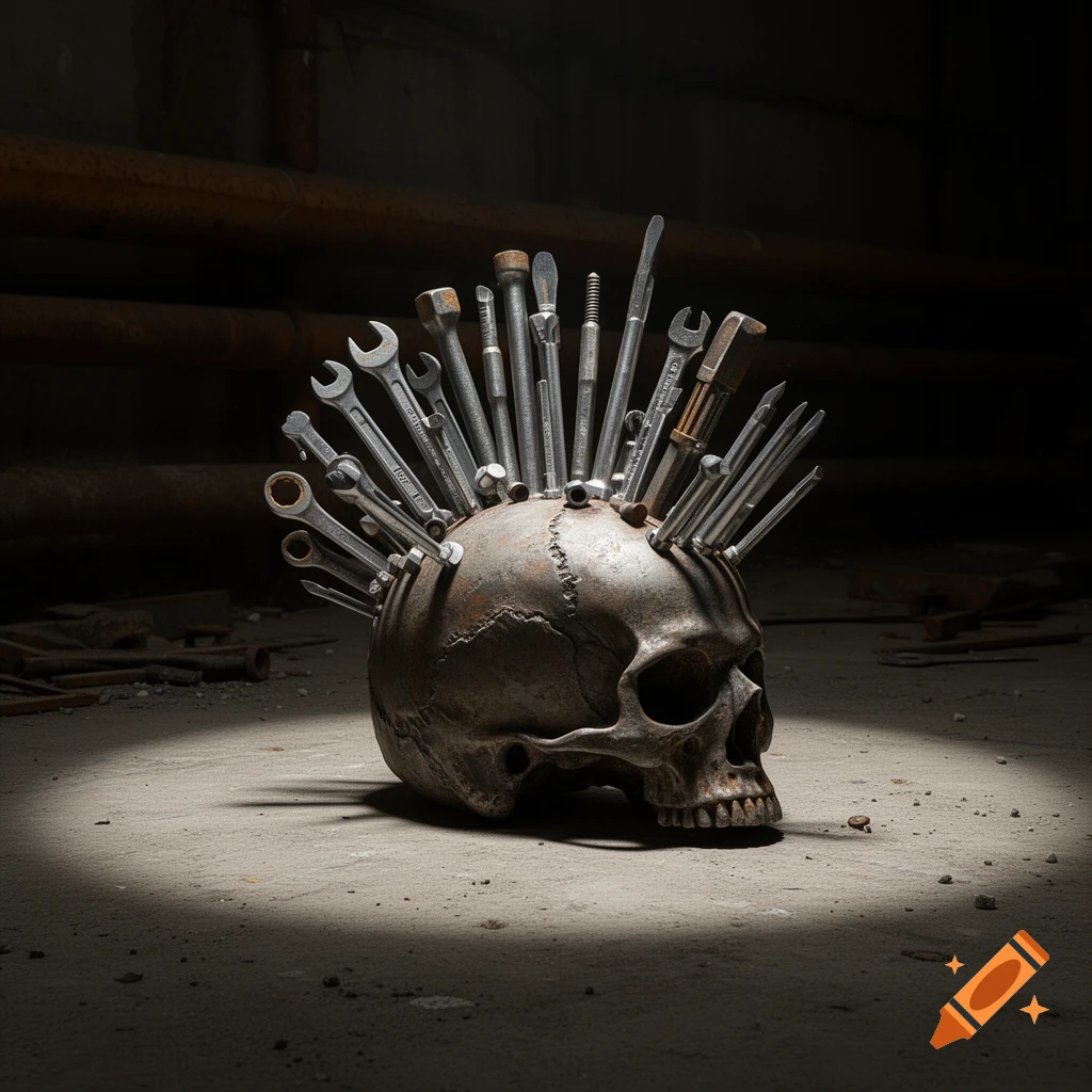Photorealistic image of a rusty metal skull with a mohawk made of various metal tools, set in a dark, industrial environment.