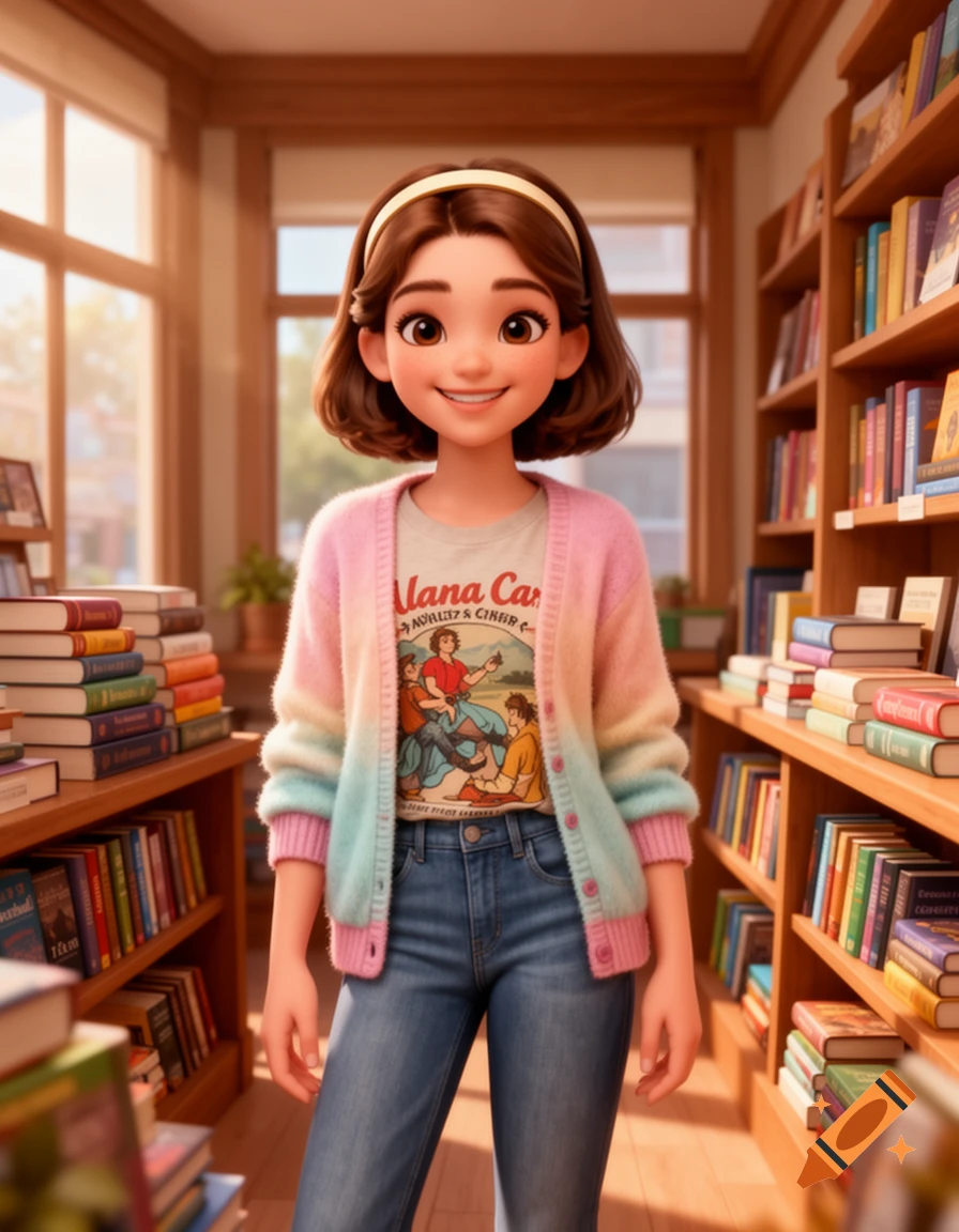 A smiling animated young woman with a brown bob and headband stands in a brightly lit bookstore, wearing a pastel rainbow cardigan over a t-shirt and jeans.