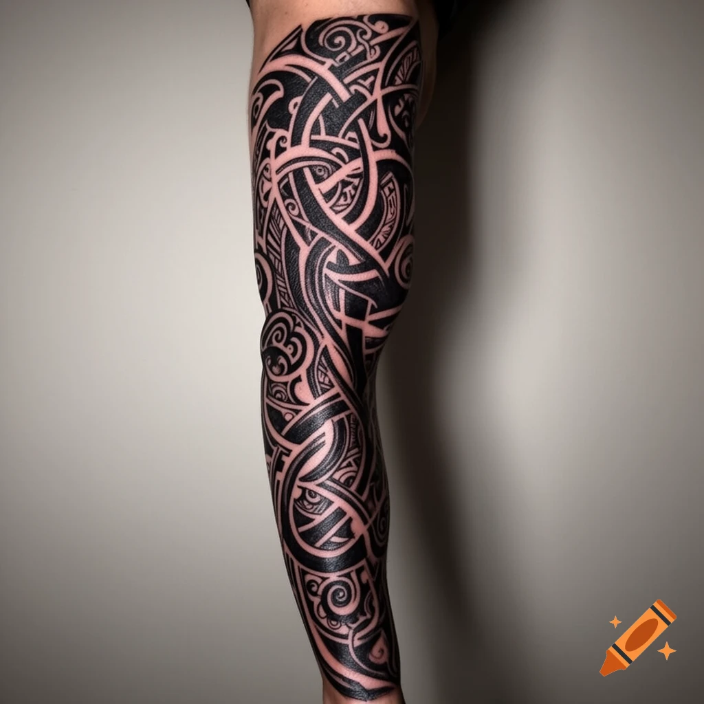 A person's leg covered in a detailed black tribal tattoo sleeve against a light grey background.