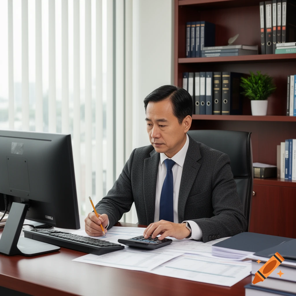 A man in a suit works at an office desk, using a computer and calculator with papers and books.