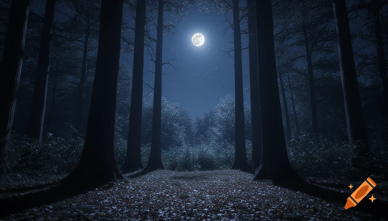 A dark, photorealistic forest scene at night with a bright full moon centered in the sky above a clearing in the trees, illuminating a path covered in leaves.