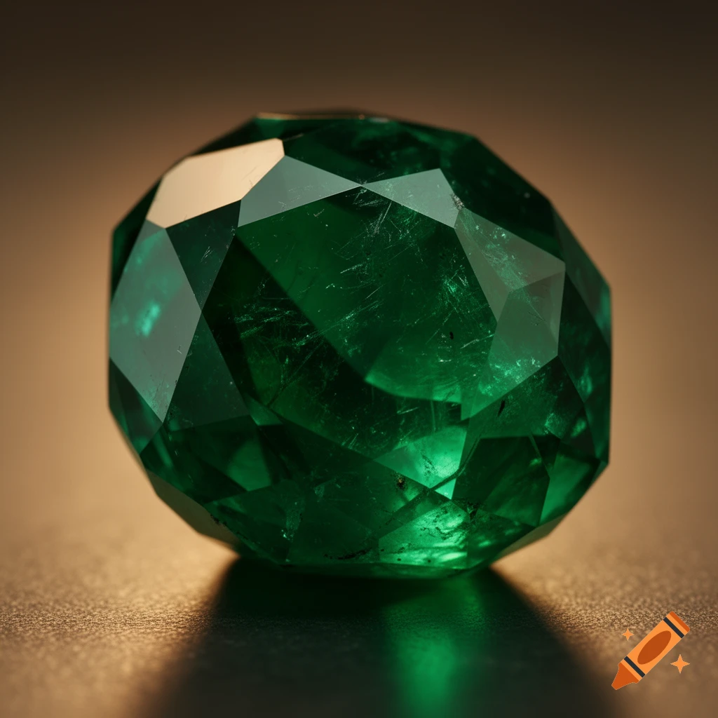A close-up, photorealistic shot of a deep green, faceted emerald gemstone on a dark surface.