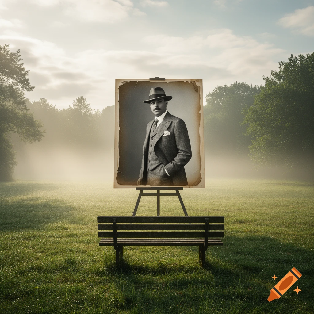 Sepia-toned portrait of a man in a hat and suit on an easel in a misty green field with a wooden bench.