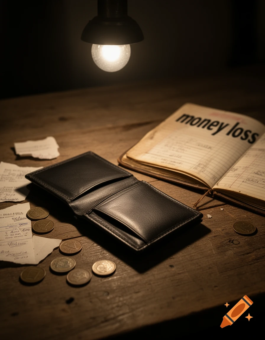 A black leather wallet and scattered coins on a rustic wooden table, next to an open ledger book titled 'money loss', lit by a dim hanging lamp.