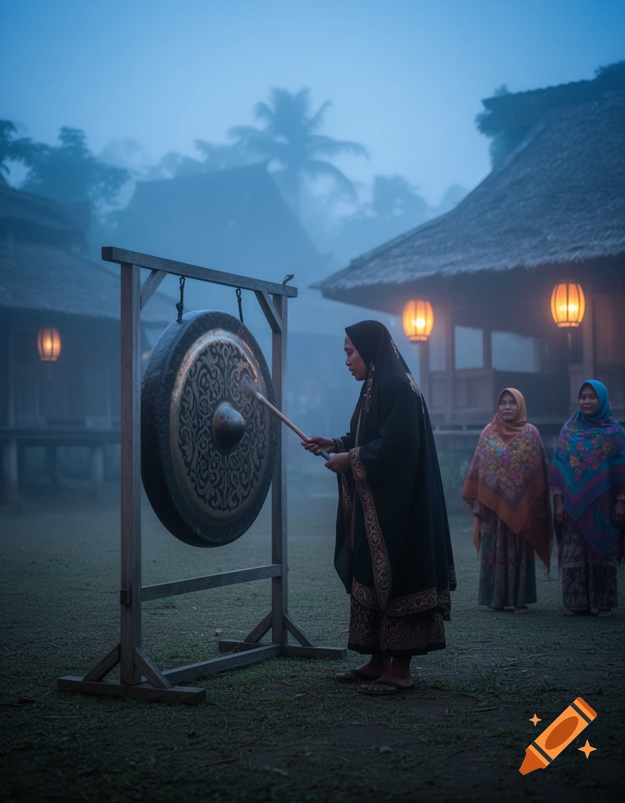 A woman in traditional attire plays a large gong in a misty village. Other women stand near houses with lanterns.