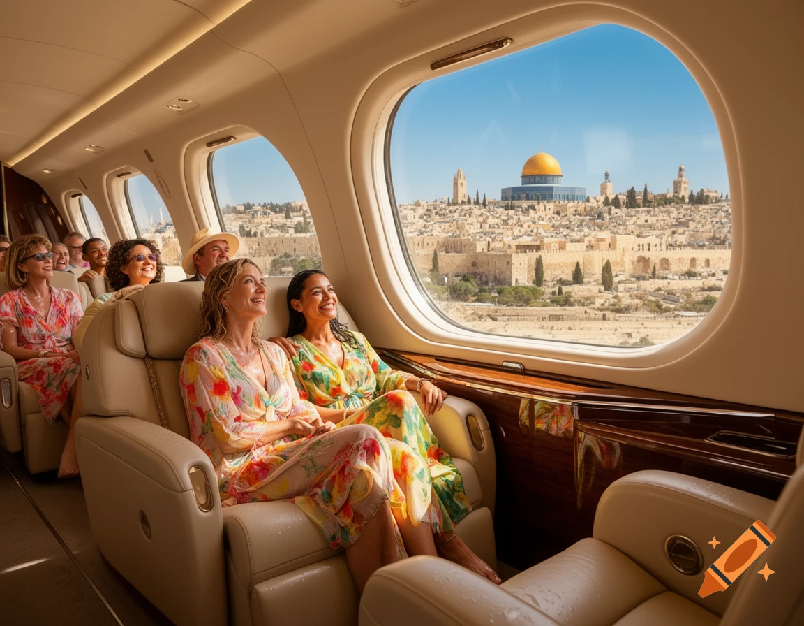 People in a luxurious airplane admire the view of Jerusalem, including the Dome of the Rock, from the window.