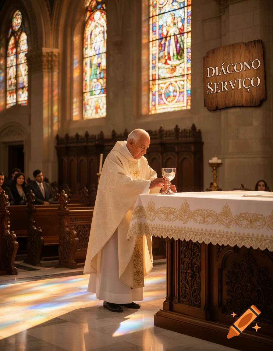 A priest in white robes holds a chalice during a church ceremony, with stained glass windows and a 'DIÁCONO SERVIÇO' sign.