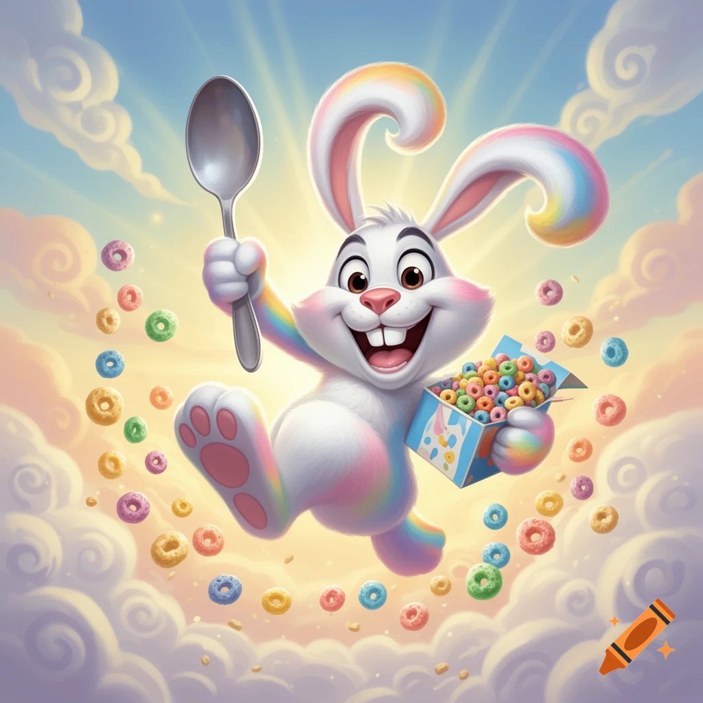 Vibrant cartoon rabbit mascot joyfully hops through a sunny, cloudy sky, holding a spoon and a box of colorful cereal.