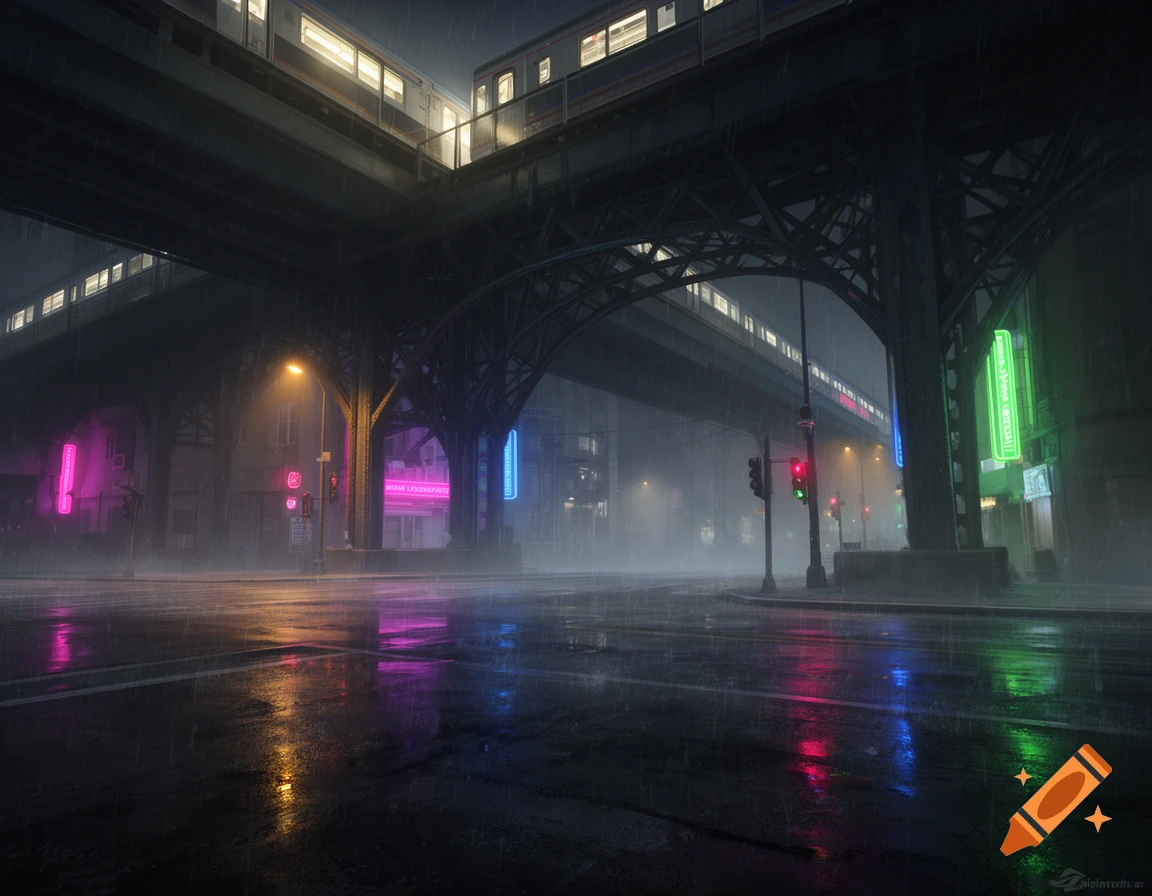 A rainy night scene in a city, with colorful neon reflections on the wet street beneath an elevated train track.