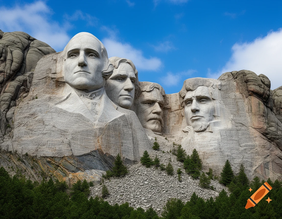A photorealistic image of a mountain carved with the faces of H.P. Lovecraft, Robert E. Howard, Jack Vance, and Michael Moorcock, reminiscent of Mt. Rushmore.