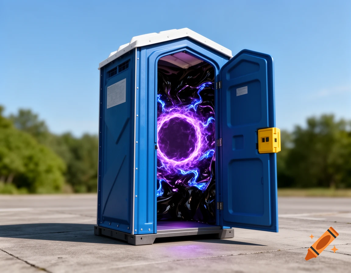 A blue porta potty stands outdoors with its door open, revealing a glowing purple and blue energy portal inside.