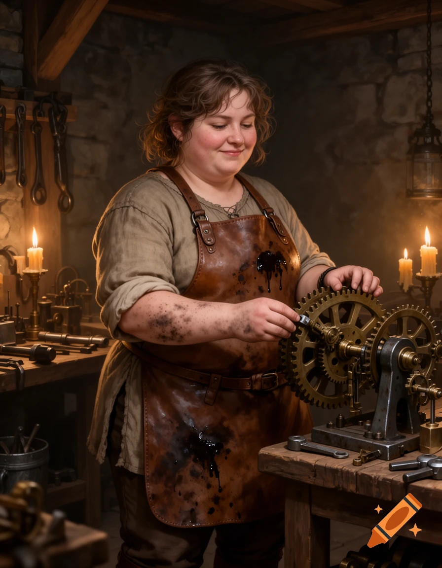 A smiling chubby medieval mechanic woman in a dirty leather apron works on large brass gears in a candlelit workshop.