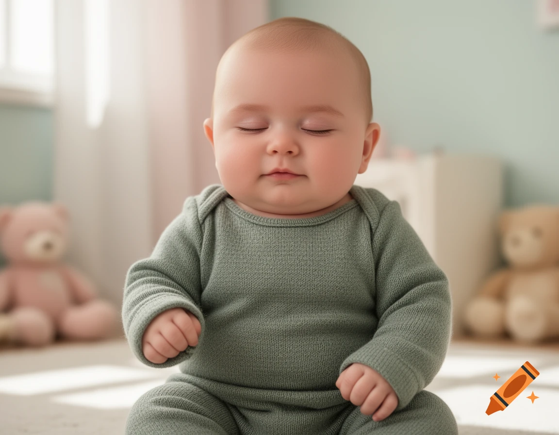 A serene baby with closed eyes wearing a grey-green romper, sitting with blurred teddy bears in the background.