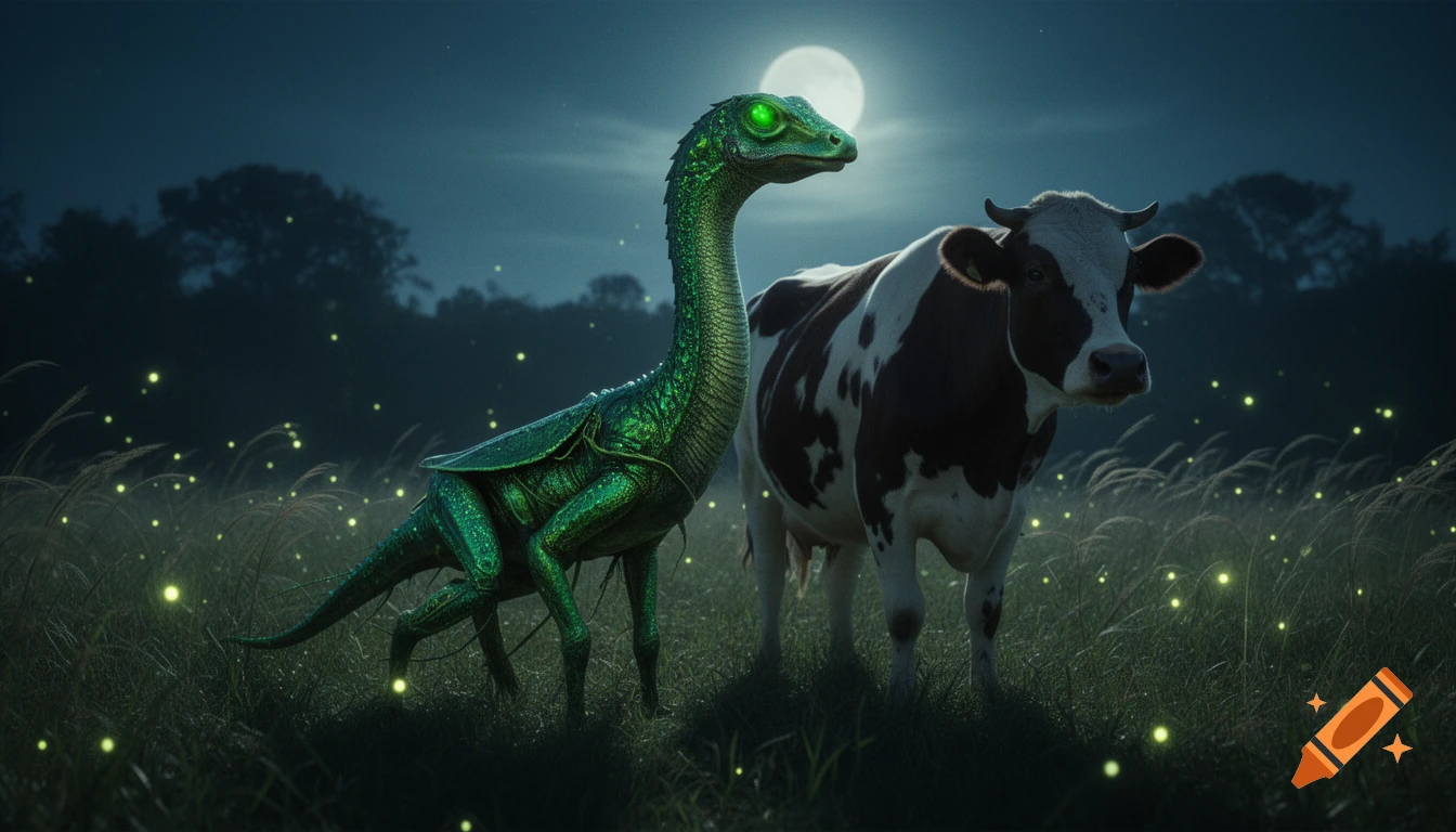 A green, long-necked reptilian creature and a cow stand in a moonlit grassy field with glowing fireflies at night.