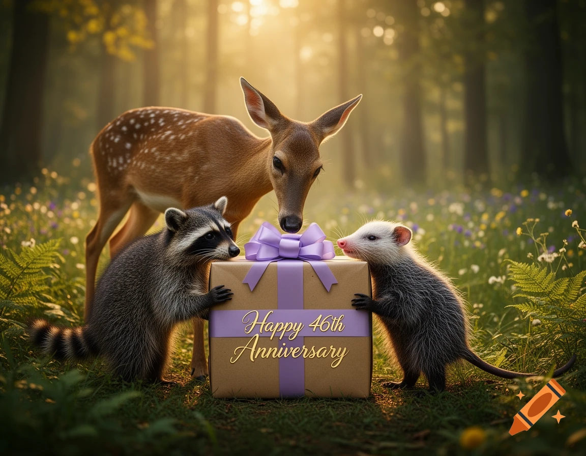 A fawn, raccoon, and opossum hold a gift box with 'Happy 46th Anniversary' in a sunlit forest.