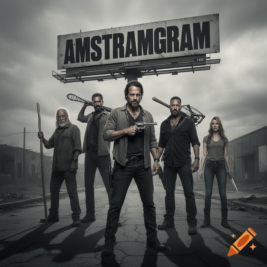 Five gritty survivors stand on a desolate road under a billboard reading 'AMSTRAMGRAM', reminiscent of The Walking Dead series.