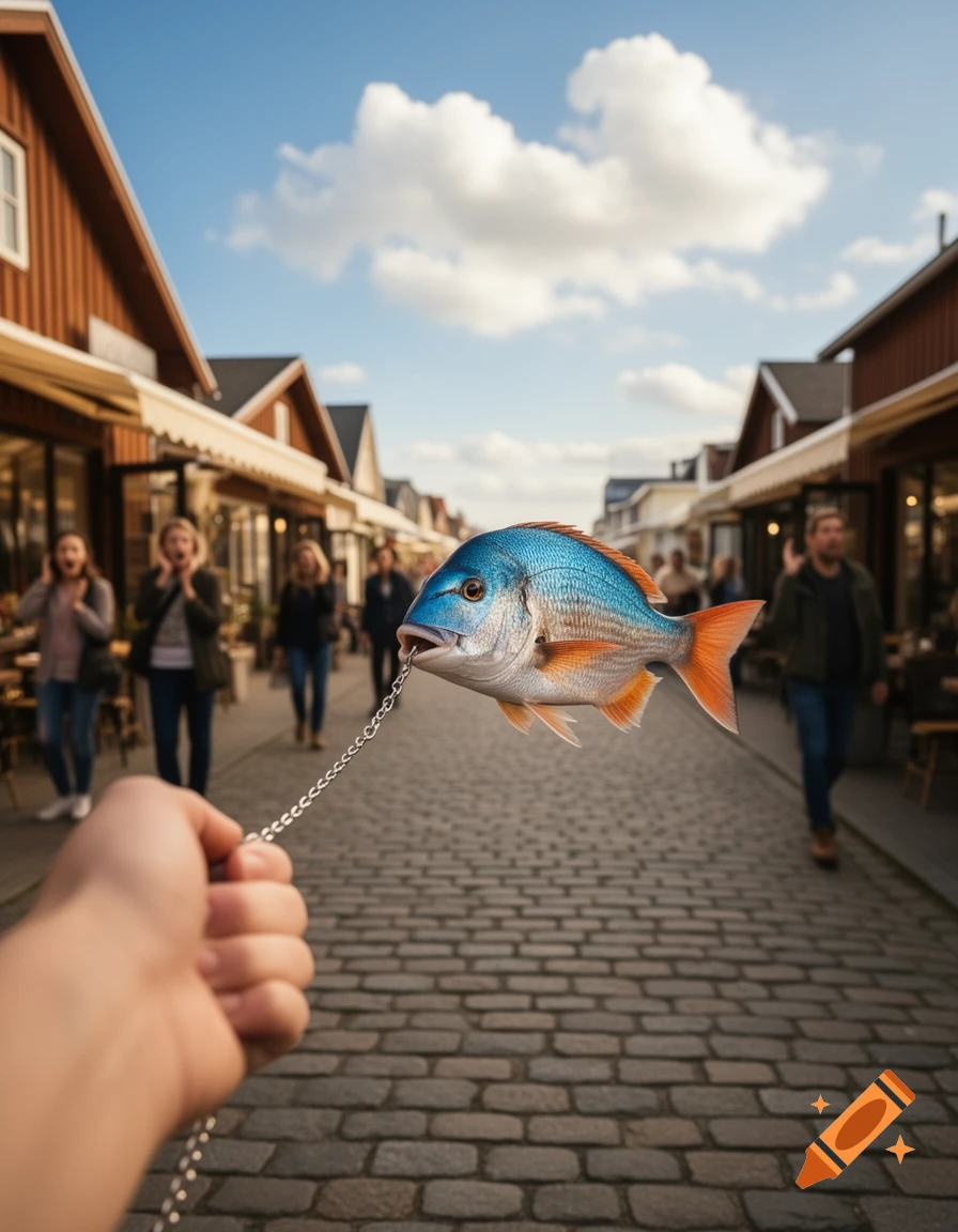 A photorealistic first-person view of a hand walking a colorful fish on a leash down a cobblestone street with people and buildings.