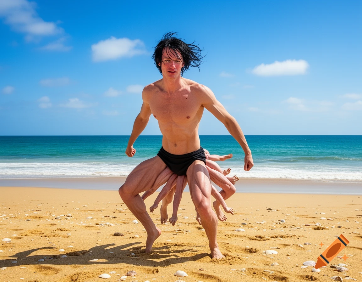 A photorealistic image of a shirtless man with multiple legs, wearing black swim trunks, standing on a sandy beach with the ocean and blue sky in the background.