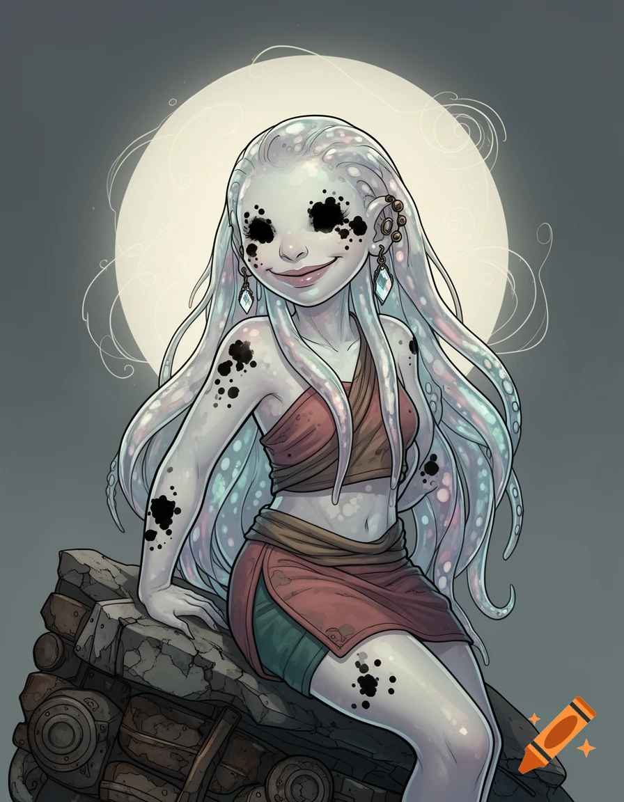 Comic art of a pale, tentacle-haired woman with inkblot eyes, sitting on salvaged gear against a glowing moon.