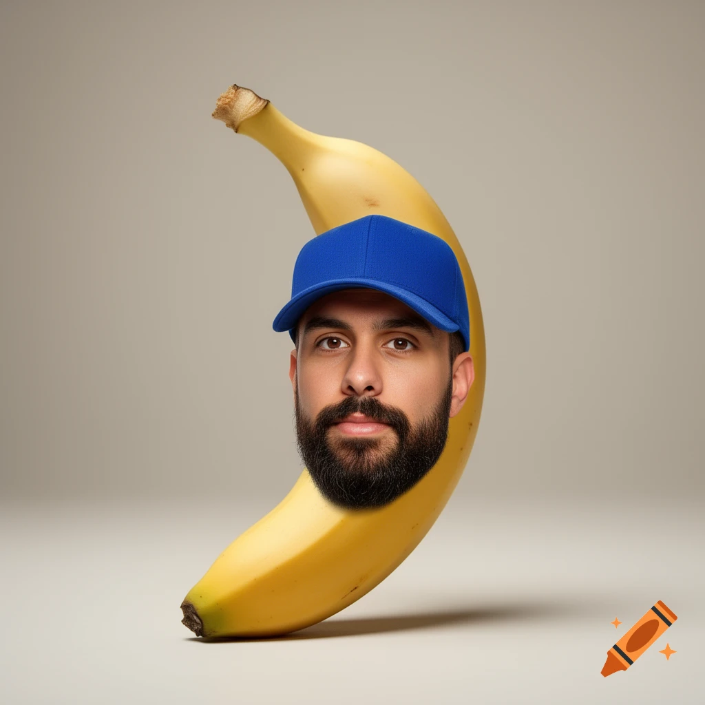 A man's face with a beard and a blue baseball cap is superimposed on a ripe yellow banana, standing upright.