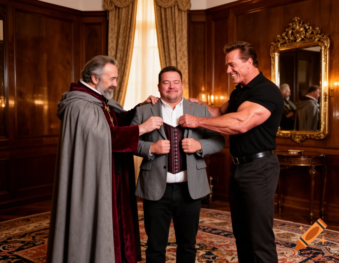 Photorealistic image of a robed man and Arnold Schwarzenegger smiling while tying a corset onto another man in an ornate room.