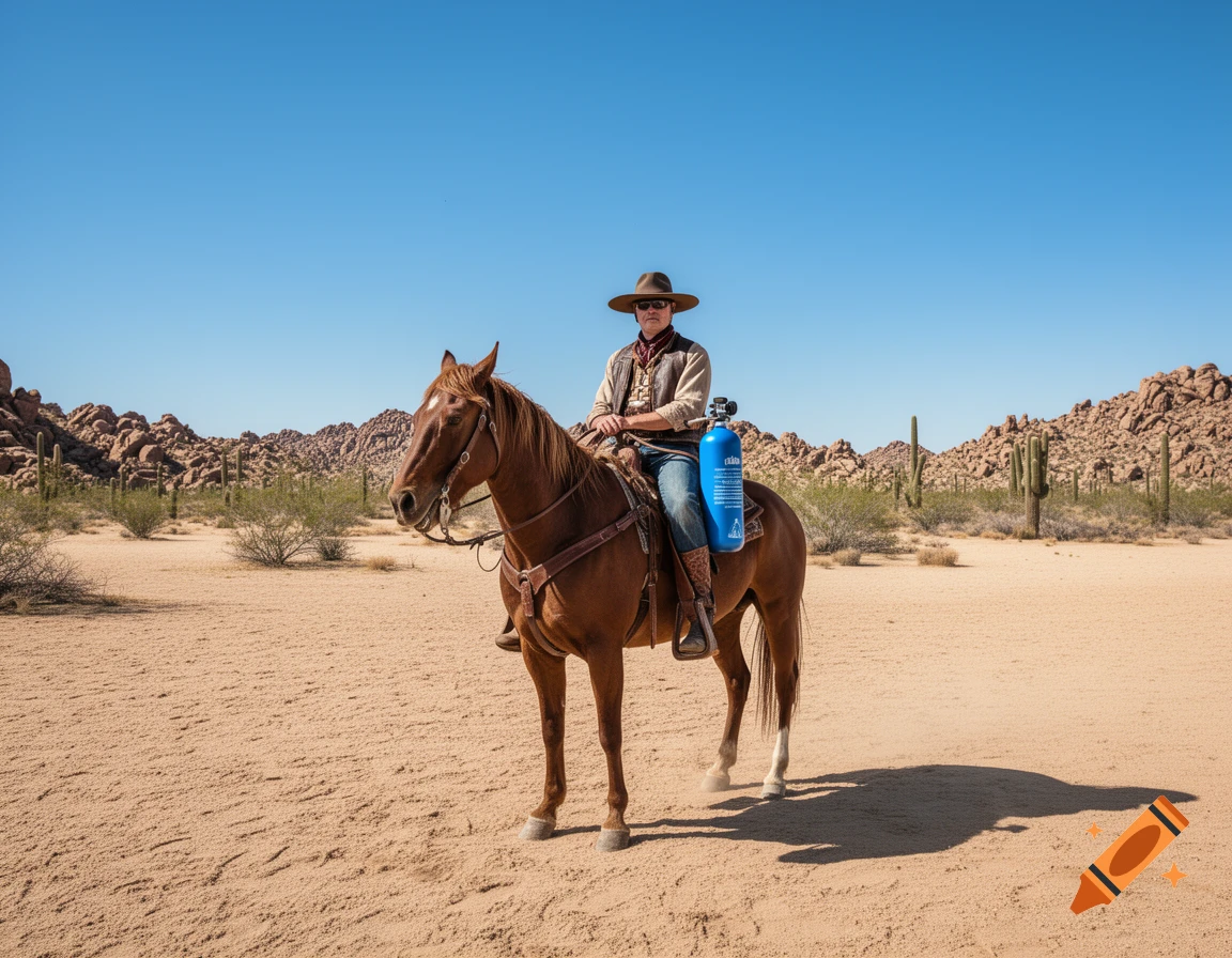 Man dressed as a cowboy, wearing a hat and sunglasses, riding a brown horse in a vast desert landscape with cacti and rocky hills under a clear blue sky. He carries a blue oxygen bottle.