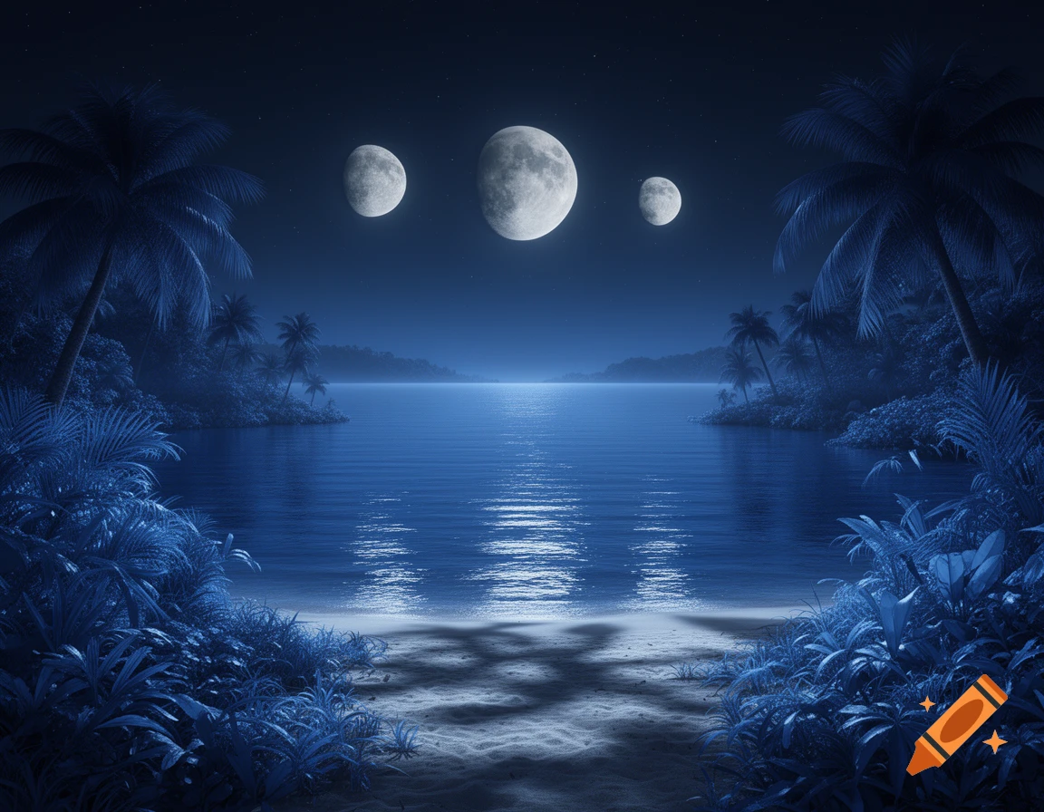 A serene night landscape with three moons over a calm, moonlit lake, surrounded by lush blue tropical plants and a sandy beach.