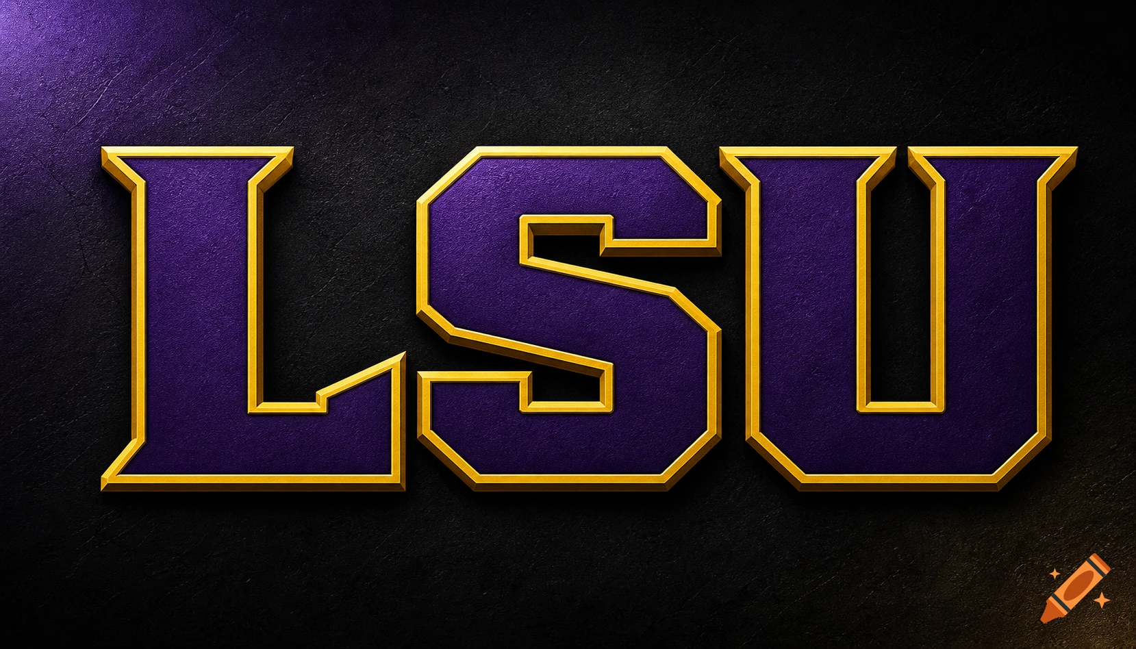 Bold, 3D purple and gold 'LSU' letters with a textured surface on a dark background.