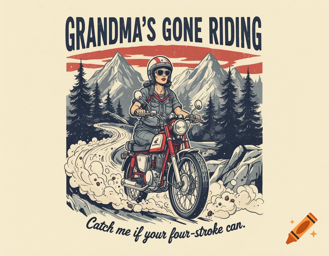 Vintage-style illustration of a woman in a helmet and sunglasses riding a red motorcycle on a dirt trail through mountains and pine trees, with text 'GRANDMA'S GONE RIDING' and 'Catch me if your four-stroke can.'