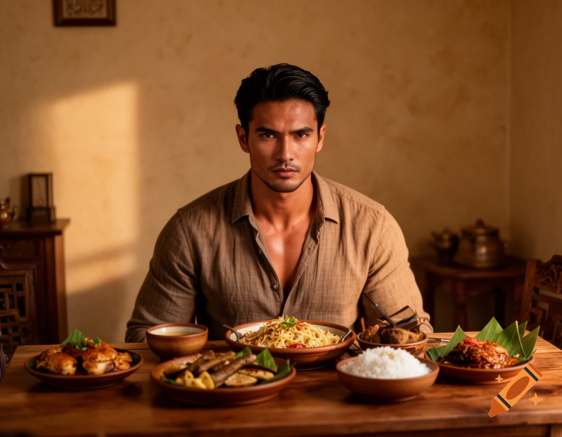 A handsome man with dark hair sits at a wooden table filled with various food dishes in a warm, inviting room.